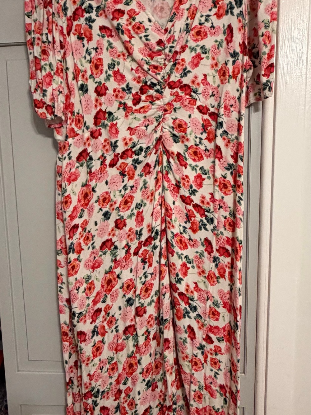 Old Navy White Midi Dress with Red and Pink Floral Print